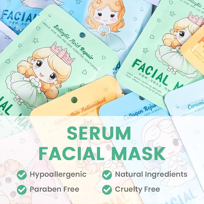 Girl Character Sheet Masks, Spa Party Facial Mask Skincare Set, Sheet Masks Skin Care, Moisturize Brighten Soothe for All Skin Types, Christmas Birthday Gifts for Women Men Girls, (12Pcs)