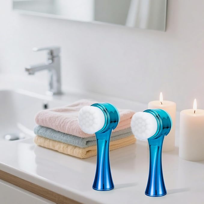Face Brush 2 in 1, Facial Cleansing Exfoliating Scrubber Brush, Silicone Double Side Manual Face Wash Scrub Brush with Soft Fiber for Deep Pore Cleansing, Massaging, Skin Care,Gradient Blue