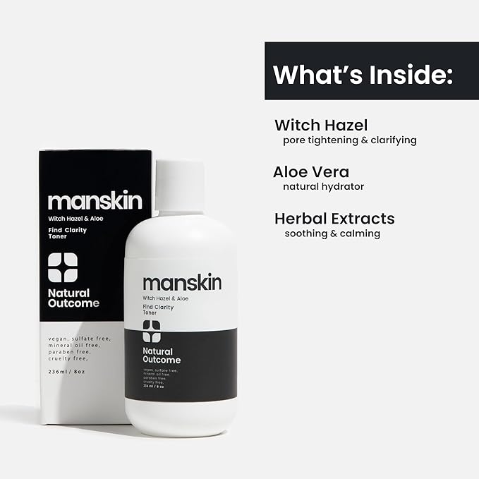 Natural Outcome Man Skin Face Toner | Natural Daily Toner Enhances Men Facial Complexion | Pore Cleansing Facial Astringent with Witch Hazel & Aloe Vera for All Skin Types | 8 Oz