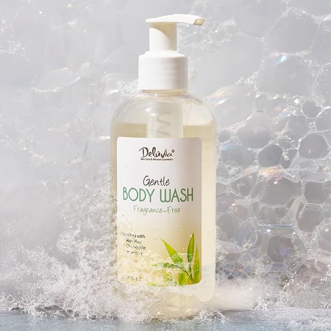Deluvia Gentle Body Wash, Moisturizing Body Wash with Aloe Vera, Organic Jojoba Seed Oil, Sweet Almond Oil and Vitamin E, Unscented, for All Skin Types, Including Sensitive Skin.