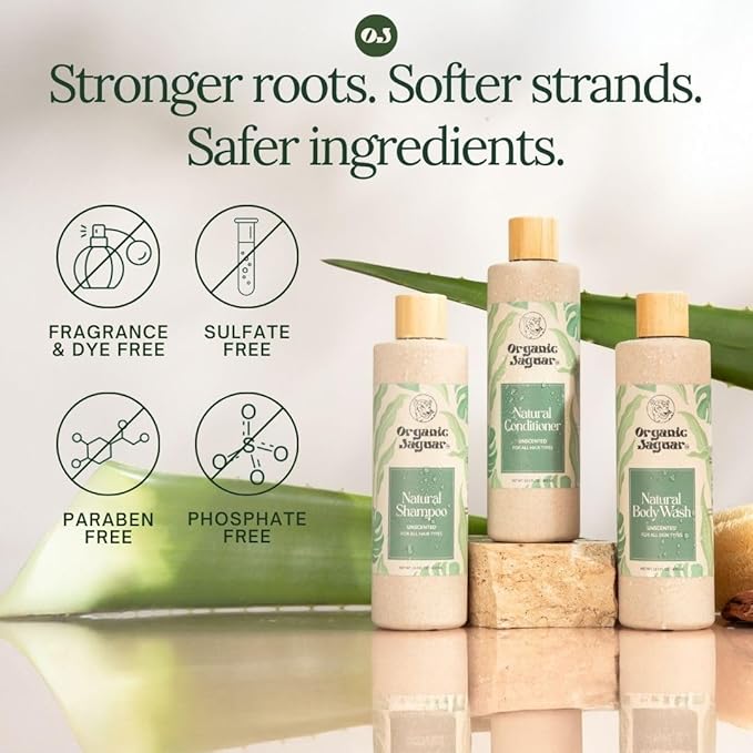 Organic Jaguar Natural Shampoo for Hair Care, Sulfate Free Shampoo with Castor Oil, Honey, Biotin, Glycerin, Aloe Vera & Mild Thickening Agent, Unscented, Dry to Color Treated to All Hair, 13.5 fl oz