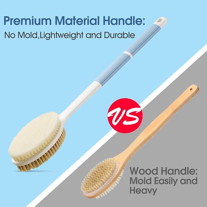 Back Scrubber Anti Slip for Shower, Shower Brush Long Handle with Stiff and Soft Bristles, Body Exfoliator for Bath or Dry Brush(Blue)