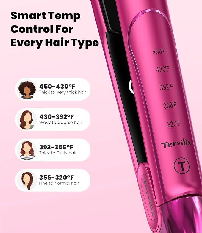 Terviiix Plancha De Cabello Profesional, 1 Inch Ceramic Flat Iron, Non-Snagging Plates, 3X Less Damage, 15s Fast Heating | Hair Straightener and Curler 2 in 1, 5 Adjustable Heat Settings, Hot Pink