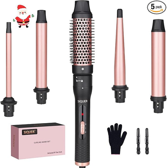 5 in 1 Curling Wand Set - SIQUER Curling Iron Set 1/2 to 1 1/4 Inch Beach Waves Wands 1 1/2 Inch Thermal Brush Fast Heating Up Hair Curlers for Women with Protective Gloves Clamps (Rose, Black)