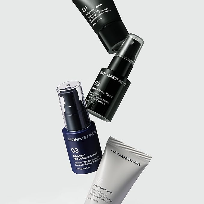 HOMMEFACE Men's First Class Skincare Essentials Travel Kit with Toiletry Bag, 4 Pieces - TSA Approved with Daily Face Wash, Spray Toner, Serum & Moisturizer