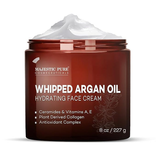 Majestic Pure Whipped Argan Oil Moisturizer Face Cream for Women & Men - With Vitamin E A, Collagen & Ceramides - Hydrates Dry Skin, Oily Skin, Reduces Appearance of Fine Lines – 8oz