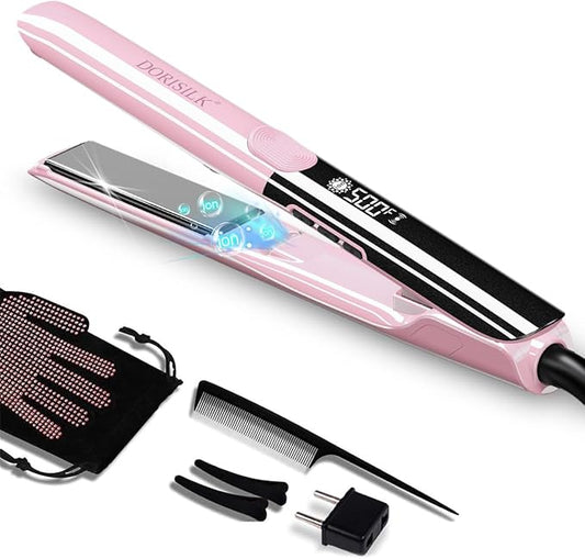 DORISILK 500 Degree High Temp Professional Hair Straightener，30s Fast Heating Ceramic Flat Iron ，2 in 1 Hair Straightener and Curler，Plasma Flat Iron Get Frizz-Free and Shiny(Pink)