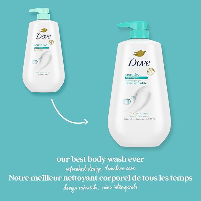 Dove, Body Wash for Softer and Smoother Effectively Washes Away Bacteria While Nourishing Your, Sensitive Skin, 34 Fl Oz (Pack of 3)