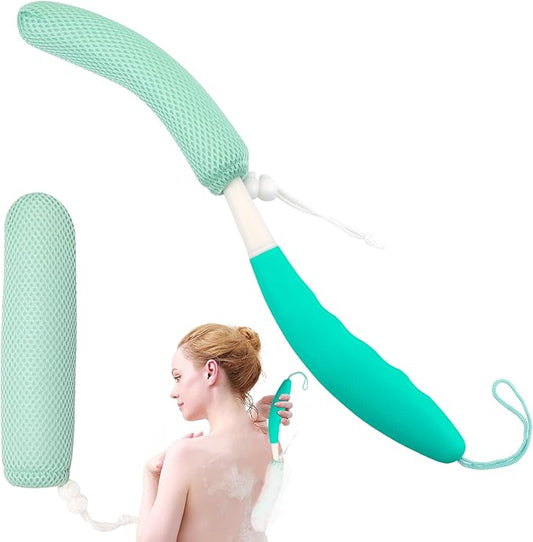 15.35" Back Bath Brush with Sponge,Back Scrubber Bath Mesh with Anti-Slip Curved Long Handle Bath Body Brush for Elderly Aid Bathing and Shower