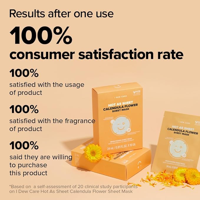 I DEW CARE Calendula Sheet Face Mask - Korean Skincare for Hydrating and Calming Skin | Face Masks with Calendula Extract & Niacinamide, Moisturizing, Sheet Masks for Women, Cute Stuff, 10EA