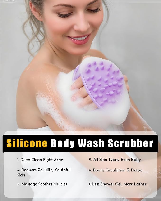 2 in 1 Silicone Body Scrubber, Anti Cellulite Massage Scrubber, Exfoliating Shower Brush for Men & Women, Removes Dead Skin, Reduces Cellulite, Improves Circulation, Fast Dry, Non Slip (1PC, Lavender)