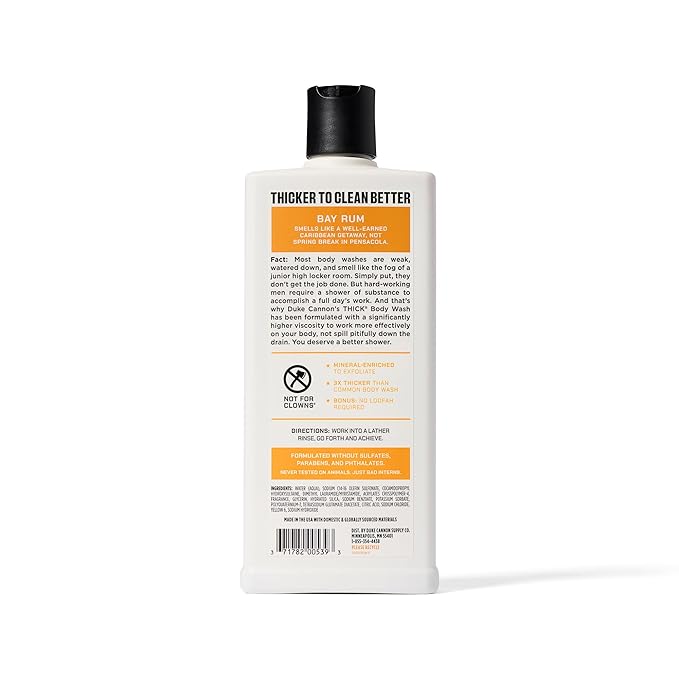 Duke Cannon THICK High-Viscosity Body Wash for Men, Bay Rum Scent with Minerals & Aloe, Paraben-Free, 17.5 oz (Pack of 3)