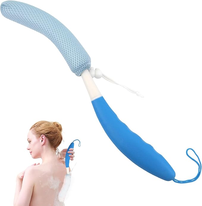 Back Scrubber for Shower，Mesh Sponge Body Shower Brush with Long Handle for Use in Shower Back Scrubber,Back Scrub for Exfoliating Body Scrubber or Shower Brush (Blue and Blue)