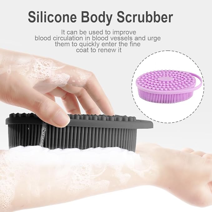 Soft Silicone Body Shower， Exfoliating Silicone Body Scrubber, Silicone Loofah 2 in 1 Bath and Shampoo Brush, Body Scrubber Shower Easy to Clean for Sensitive Skin, Lather Well 2 PCS Black and Purple