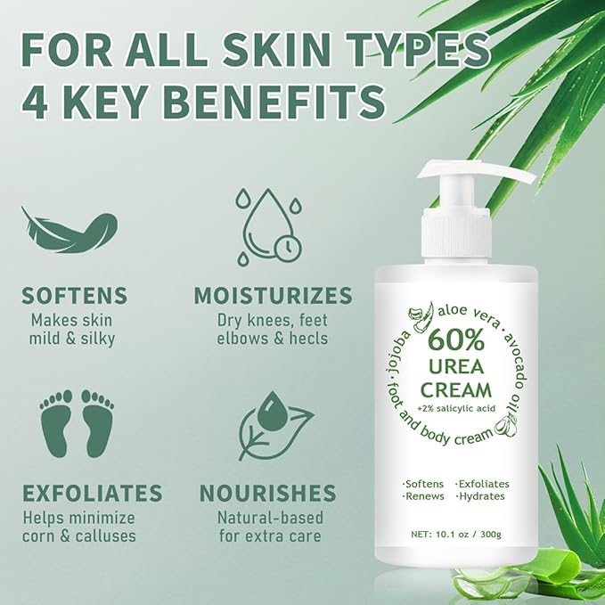 60% Urea Cream Maximum Strength, 10.1 oz - Foot & Hand Cream for Dry Cracked Skin, Callus Remover, with 2% Salicylic Acid - Deep Moisturizer for Cracked Heels, Rough Elbows & Knees - Fast Absorbing