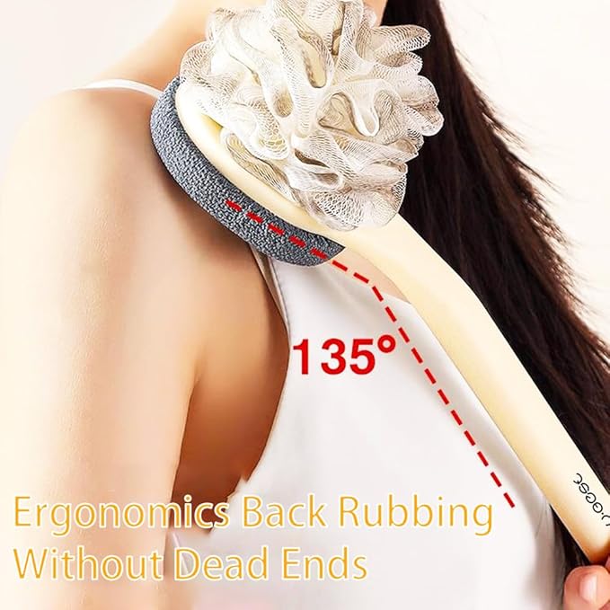 Long Handle Double Sided Shower Body Brush,Back Scrubber Bath Mesh Sponge with Curved Long Handle for Skin Exfoliating Bath,with Shower Foot Scrubber Brush,1 Piece.