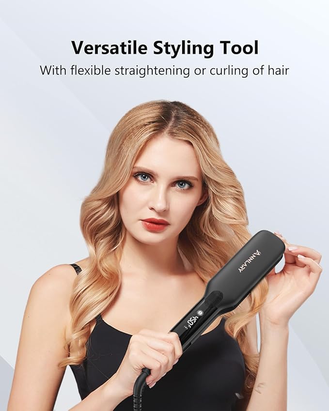 1.75 Inch Hair Straightener, Professional Titanium Plate with Ceramic Coating Ionic Dual Voltage Flat Iron with Heat-Resistant Silicone, for Less Frizz, Shinier & Smoother Hair