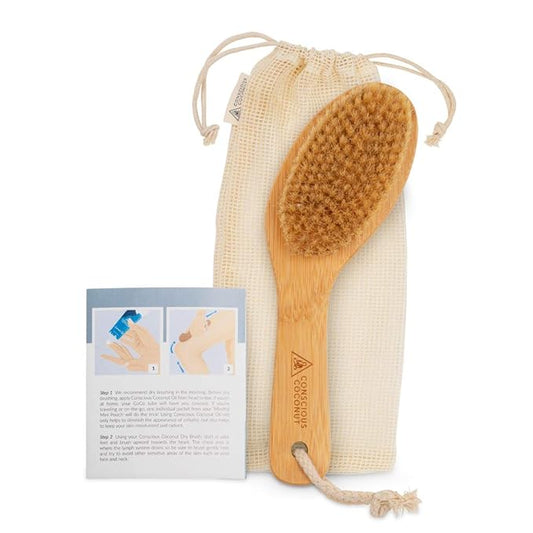 Dry Brush - Sustainable Bamboo Body Scrub Brush with Travel Bag and How-to Dry Brush Guide for Skin Care, Great Gift for Self Care, Exfoliating, Cellulite, Dry Skin - Conscious Coconut