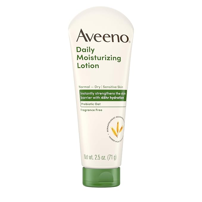 Aveeno Daily Moisturizing Body Lotion with Soothing Prebiotic Oat, Gentle Lotion Nourishes Dry Skin With Moisture, Paraben-, Dye- & Fragrance-Free, Non-Greasy & Non-Comedogenic, 2.5 fl. Oz