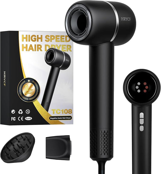 Ionic Hair Dryer Fast Drying, Thermo-Control Professional Blow Dryer, Low Noise, Lightweight, Magnetic Diffuser and Concentrator for Curly & Straight Hair, 160000 RPM High-Speed Brushless Motor, Black