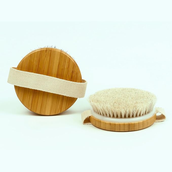 4.3” Round Bamboo Dry/Wet Body Brush Scrubber with Natural Bristles, Bath Shower Brush for Cellulite, Exfoliating and Detox, etc. (Brown Horsehair with Soft Nodes)