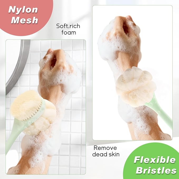 3-Pack Green 15.4" Long Handle Dual Sided Bath Brushes with Soft Bristles and Beautiful Pumpkin Loofah for Gentle Deep Cleansing