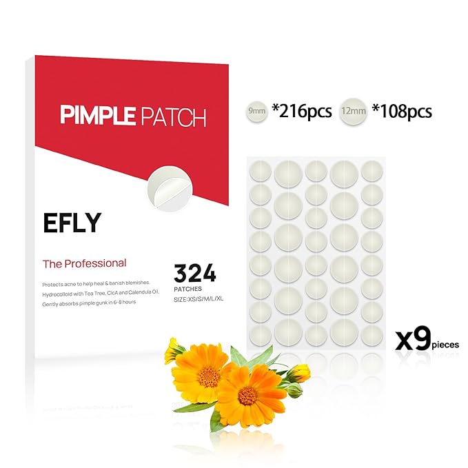 EFLY Pimple Patches for Face, Acne Patches Hydrocolloid with Tea Tree Oil, Salicylic Acid & Calendula Oil, 2 Sizes Invisible for Makeup Zit Patches Dots (324)