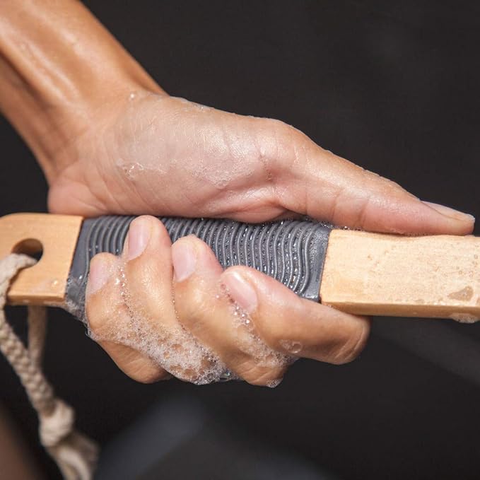 Toem® Loofah Back Scrubber for Shower | Bamboo Charcoal Fiber Infused | Loufas for Men & Women | Includes 1 Long Handled Shower Sponge, 1 Bath & Shower Luffa Pouf & 1 Hook to Hang Stuff (Slate Grey)