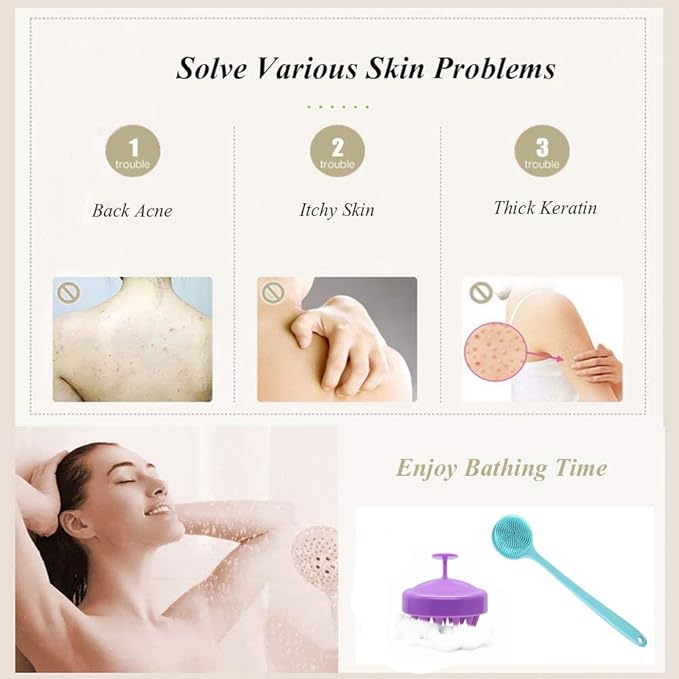 Silicone Body Scrubber & Scalp Massager, Long Handle Shower Brush, Exfoliating Scrubber for Men, Women & Kids