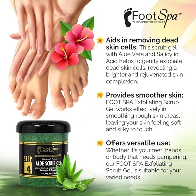 FOOT SPA - Exfoliating Scrub Gel, 16 Oz - Manicure, Pedicure and Body Exfoliator Infused with Aloe Vera and Salicylic Acid - Glow, Polish, Smooth and Moisture Skin - Body, Hand and Foot