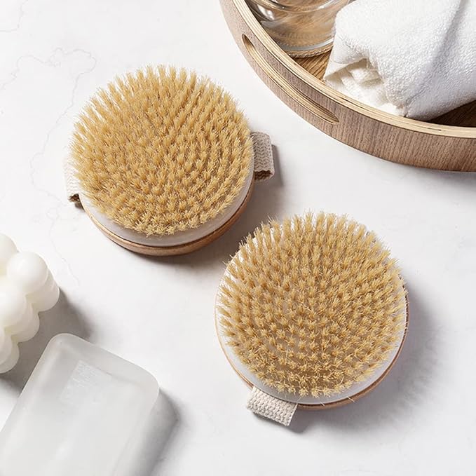 Round Wooden Natural Bristles Dry Bath Body Brush, Dia4.3” Handheld Shower Brush Back Scrubber for Exfoliating, Cellulite and Detox, etc.