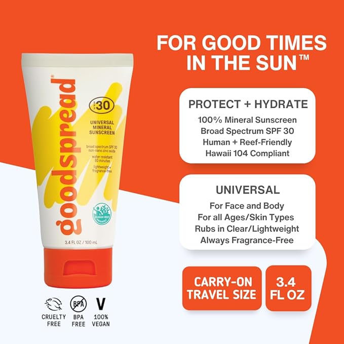 Goodspread Mineral Sunscreen SPF 30 – Reef-Safe, Non-Nano Zinc Oxide, Water-Resistant, Hawaii Compliant, Rubs in Clear, Face & Body, Adults & Kids