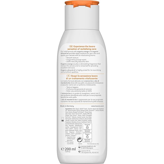lavera Body Lotion Vitalizing - Body Milk with orange & almond oil - body milk for normal skin - PETA certified - biodegradable - vegan - natural cosmetics - 6.76 fl.oz.