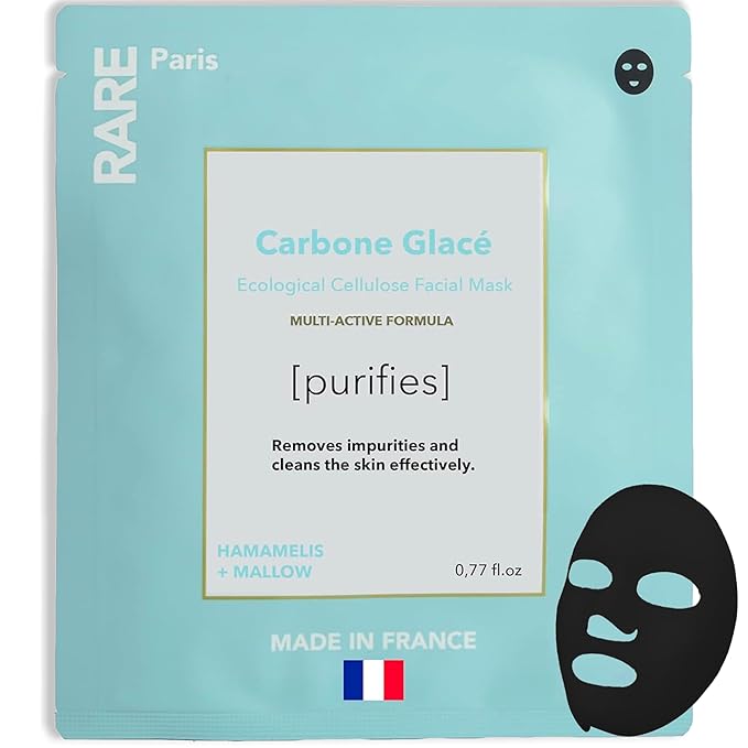 RARE Paris - Carbone Glacé - Purifying Carbon Black Facial Sheet Mask - Cleanses & Tightens - With Hamamelis & Mallow - Purifying, Firming & Revitalizing - Multi-Active Serum Formula - 1 Pack