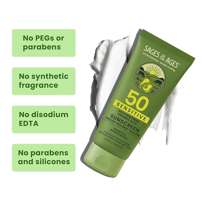 Mineral Sunscreen SPF 50 Lotion with Non-Nano Zinc Oxide, Reef Safe Broad Spectrum Sunblock, Water Resistant 80 Min, Natural Tallow Moisturizing Formula for Face and Body, Zinc Mineral Sunscreen 3.4oz