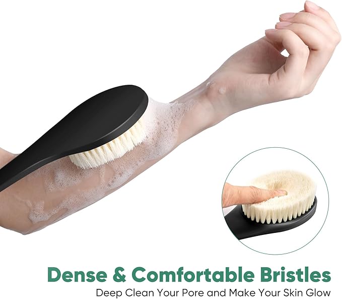 Back Scrubber for Shower, 17-Inch Shower Brush for Men and Women, Long Handle Exfoliating Body Brush, Medium Bristle Stiffness for Dry or Wet Brushing (Black)