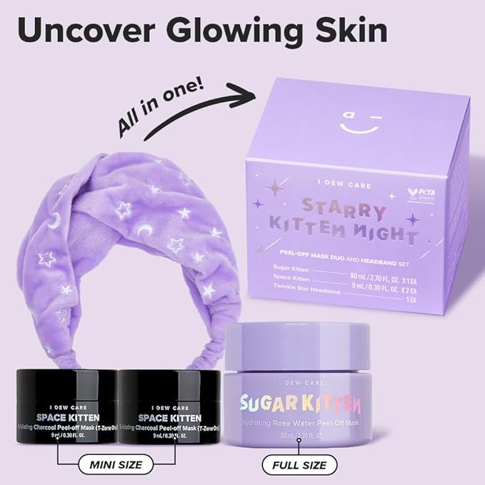 I DEW CARE Korean Wrapping Peel Off Facial Mask Set - Starry Kitten Night | Masks 3ea&Headband Gift Set, Pore Skincare, Glow Skin, Hydrating, Travel Size, Mini Set, Stocking Stuffers, Gifts For Women