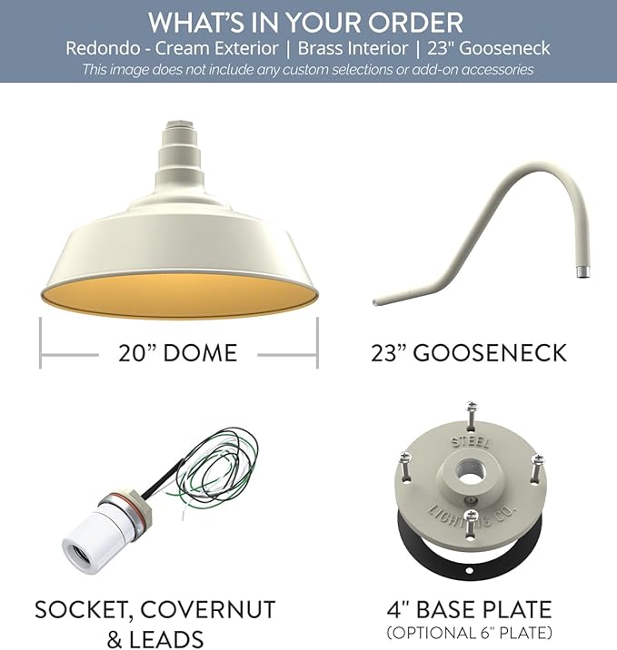 Steel Lighting Co. | Dusk to Dawn | Redondo Barn Light | Outdoor Wall Mounted | 20 inch Dome | 23 inch Gooseneck | Large Farmhouse Warehouse Light Made in America | Cream/Brass