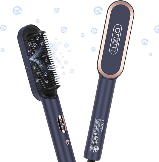 Prizm Hair Straightener Brush, 20s Fast Heating, Negative Ions Hair Straightening Brush with Less Frizz, 4 Temp Settings & LED Display, Anti-Scald Design, Gift for Women, Dual Voltage, Prussian Blue