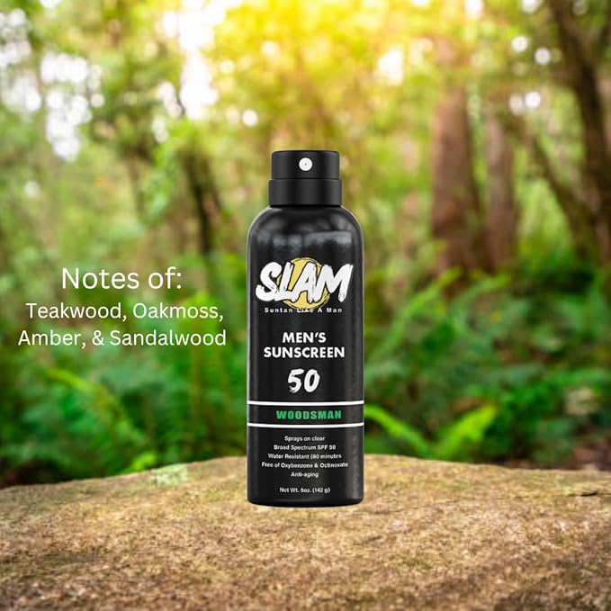 SLAM WoodsMan Men's Scented Sunscreen Spray SPF 50 – Broad Spectrum Sun Screen for Face & Body, Waterproof & Sweat Resistant Spray Sunscreen SPF 50, UVA/UVB Protection, Mens Sunblock