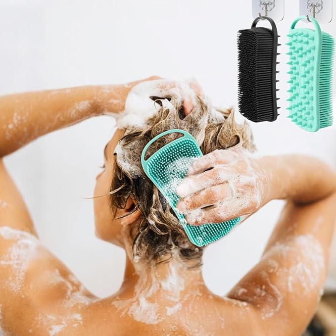 Silicone Body Scrubber, 2 in 1 Soft Silicone Loofah 2 Pack Exfoliating Body Scrubber Loofah for Women Men, Body Scrubber Shower Bath Shampoo Brush with Loop for Sensitive Skin Lather Well,Black &Green