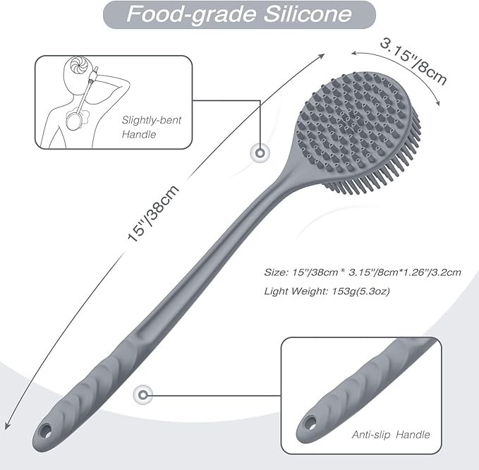 Manmihealth Silicone Back Scrubber(Thick Bristles) & Soft Bath Glove Set, Super-Exfoliating Body Scrubber & Super-Lathering Shower Brush Combination, with a Free Hook.(Gray)