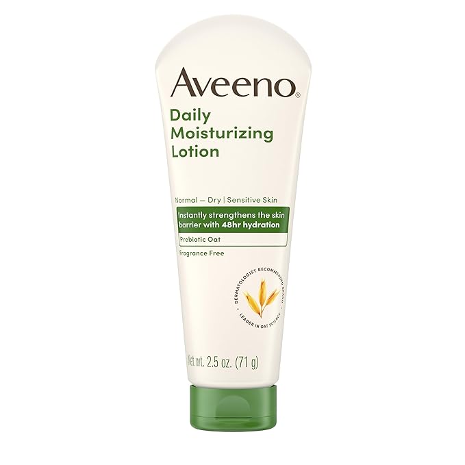 Aveeno Daily Moisturizing Body Lotion with Soothing Prebiotic Oat, Gentle Lotion Nourishes Dry Skin With Moisture, Paraben-, Dye- & Fragrance-Free, Non-Greasy & Non-Comedogenic, 2.5 fl. Oz