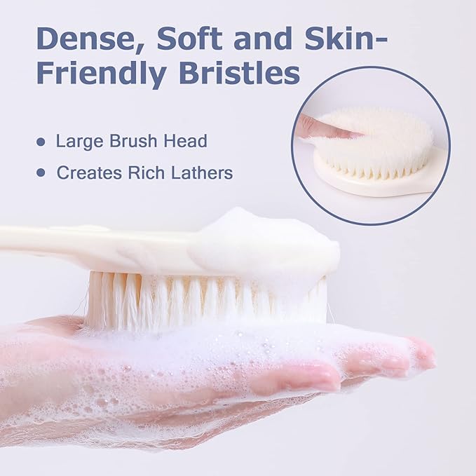 VANZAVANZU Shower Brush, Bath Body Brush with Soft Bristles, 15.4" Back Brush Long Handle for Shower, Dry Exfoliating Brush or Wet Shower Brush with Moderate Bristles, Cream White