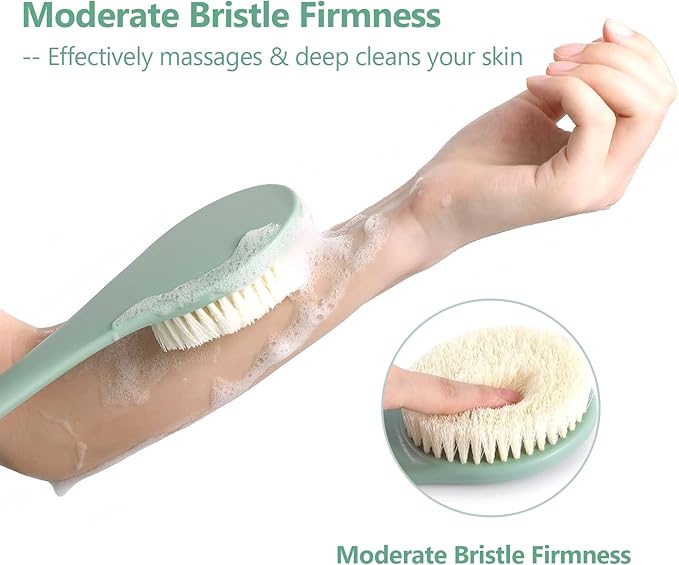 17-Inch Back Scrubber for Shower, Anti-Slip Exfoliating Body Brush for Bath, Gentle Back Brush for Shower for Men, and Women, Cleaning Skin for Smooth, Glowing Skin (Pea Green)