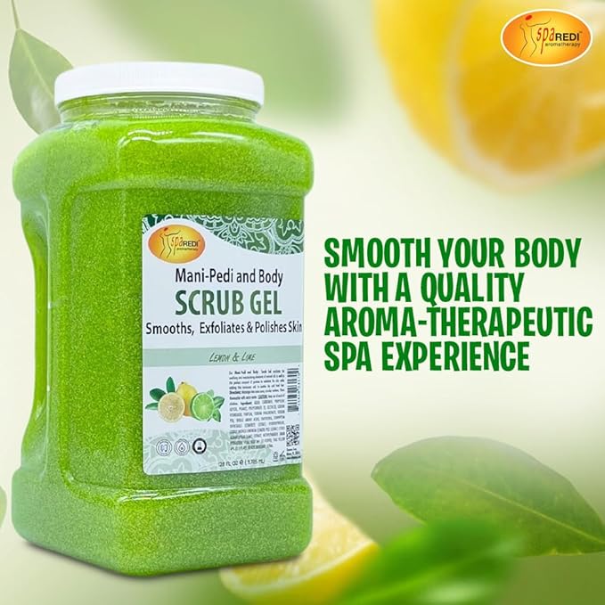 SPA REDI – Lemon & Lime Pumice Scrub Gel, Exfoliating, Hydrating & Nourishing, Infused with Hyaluronic Acid, Amino Acids, Panthenol and Comfrey Extract for Glowy Smooth Skin – 128oz Gallon
