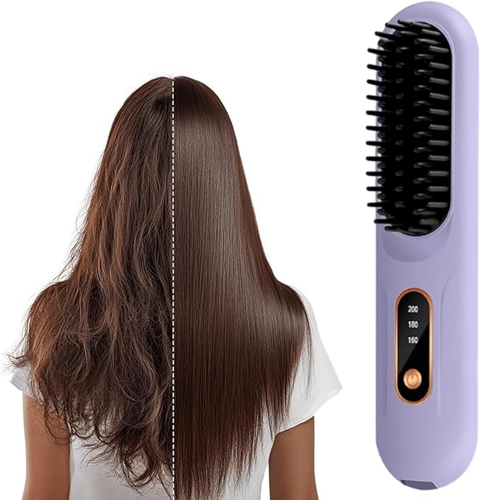 Go Brush Pro, 2026 New Hair Straightener Brush, Portable Straightener Brushes for Travel with LCD Temperature Display, Fast Heating Mini Hair Brush for Women (Purple)