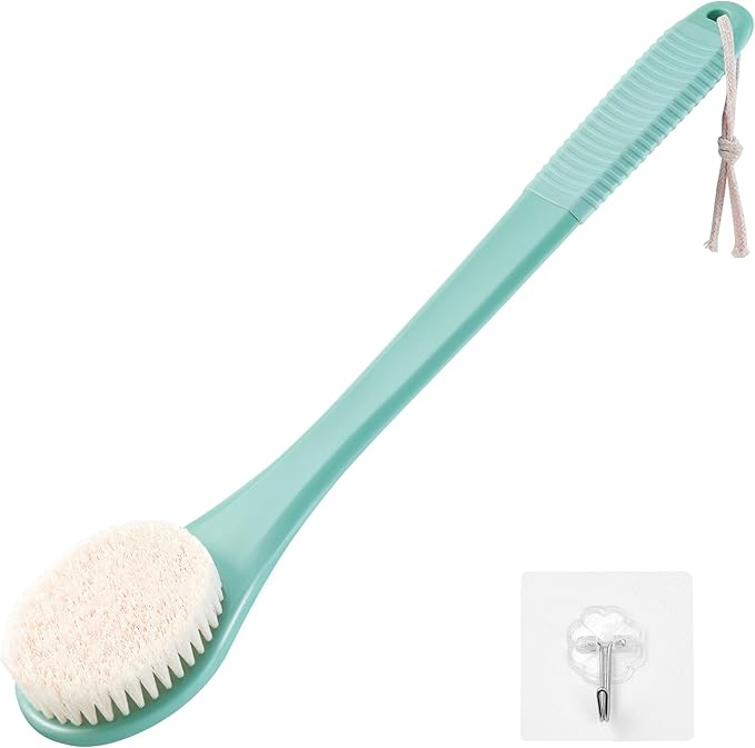Back Scrubber for Shower, Shower Body Brush for Cleaning with Long Handle for Showering, 17 Inch Back Washer Exfoliator for Shower Men Women with Non-Slip Handle, Adhesive Hook (Celadon Green)