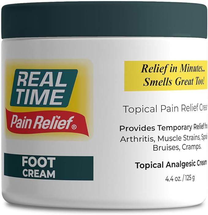 Real Time Pain Relief Foot Cream 4.4oz Jar | 15 Natural Ingredients: Menthol, Tea Tree Oil, Vitamin E & Emu Oil | Advanced Neuropathy Relief & Soothing Lotion for Tired, Swollen, Sore & Aching Feet