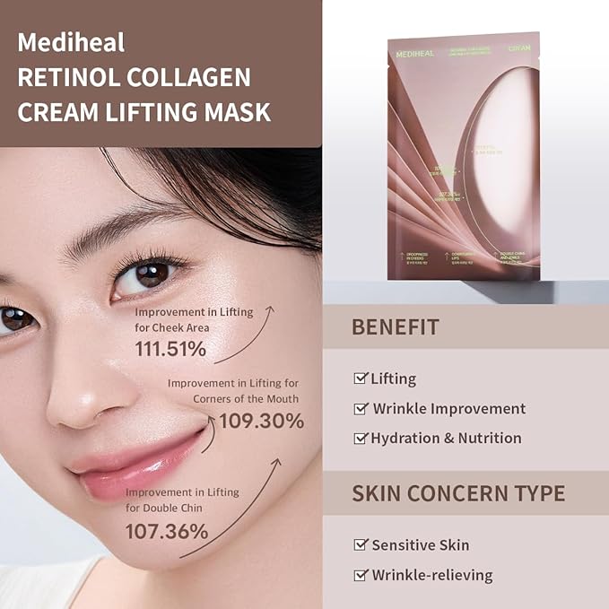 Mediheal Retinol Collagen Cream Lifting Mask (10 Counts) for V Line Mask, Anti-Aging - Helps Reduce Fine Lines & Wrinkles, and Smoothens Skin